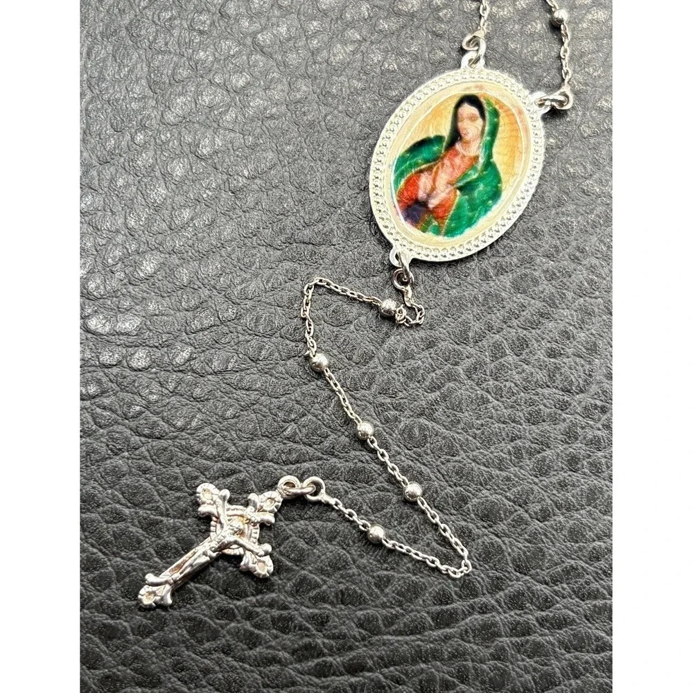 Vintage Dyadema Sterling Silver Rosary Enamel Mary Medal Necklace Pendant Cross